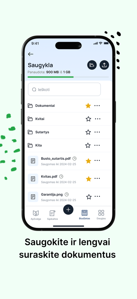 Viena sąskaita - Interfaz de almacenamiento de documentos de la aplicación móvil Viena saskaita que muestra carpetas para recibos y contratos