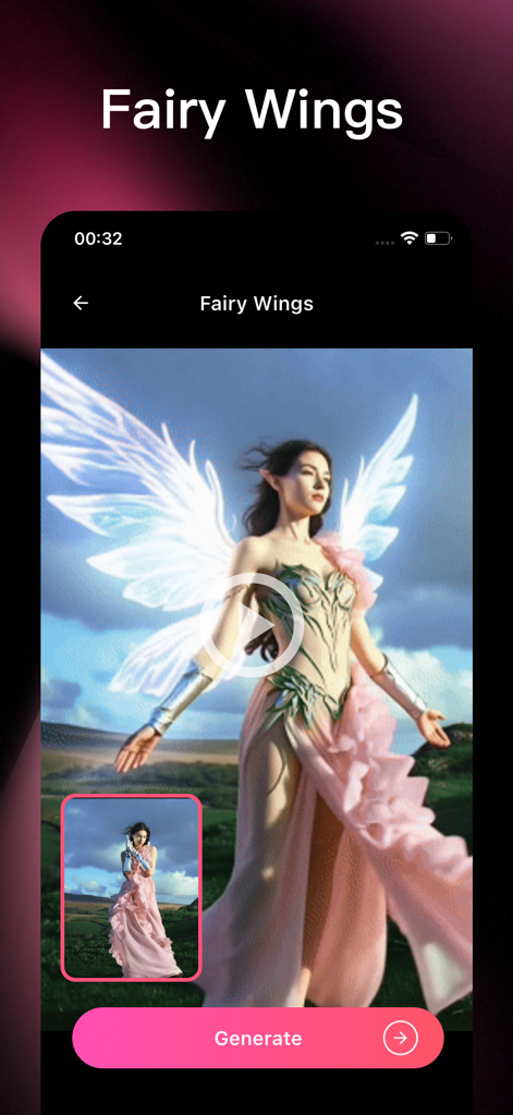 AIエフェクトを使用して、ピンクのドレスを着た女性を光る白い翼を持つ妖精に変身させているモバイルアプリ画面