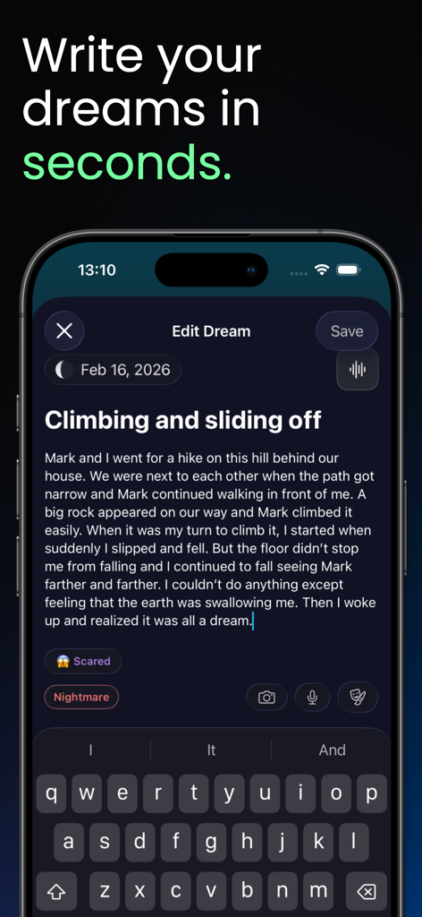 Dreamy - Personal Dream Diary - A mobile interface for Dreamy app showing a dream entry titled Climbing and sliding off with mood and nightmare tags