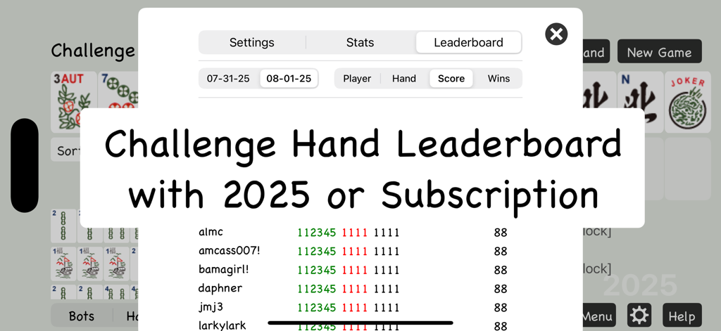 American Mahjong Practice challenge hand leaderboard showing player rankings and scores