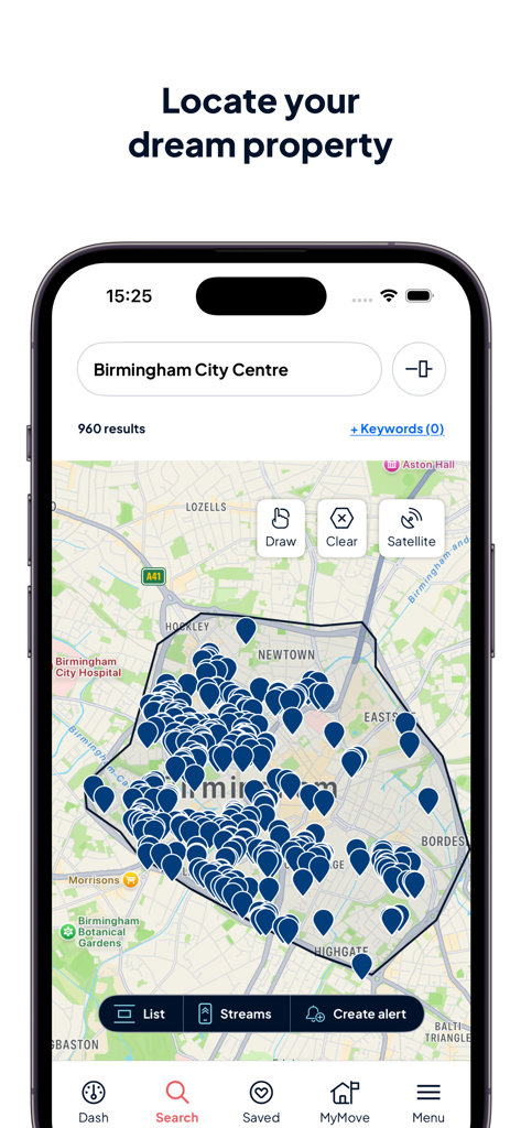 OnTheMarket Property Search - OnTheMarket app interface showing a map search with property pins in Birmingham City Centre