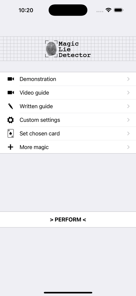 Magic Lie Detector - Main menu of the Magic Lie Detector app showing tutorial guides and custom performance settings
