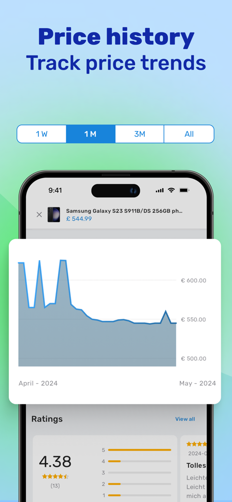 Graphique de l'historique des prix montrant les tendances de prix d'un smartphone dans l'application Geizhals.
