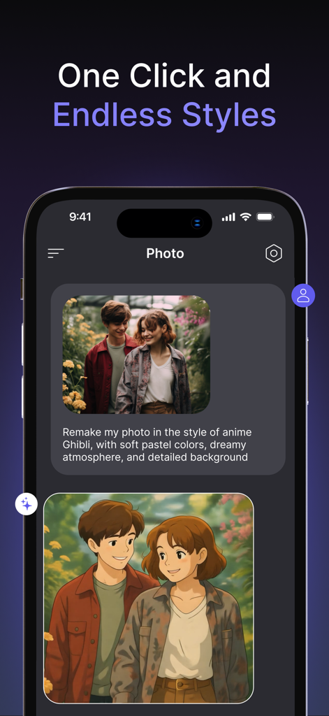 Smartphone-Bildschirm, der zeigt, wie die Qwen KI-App ein echtes Foto eines Paares in eine Anime-Zeichnung umwandelt