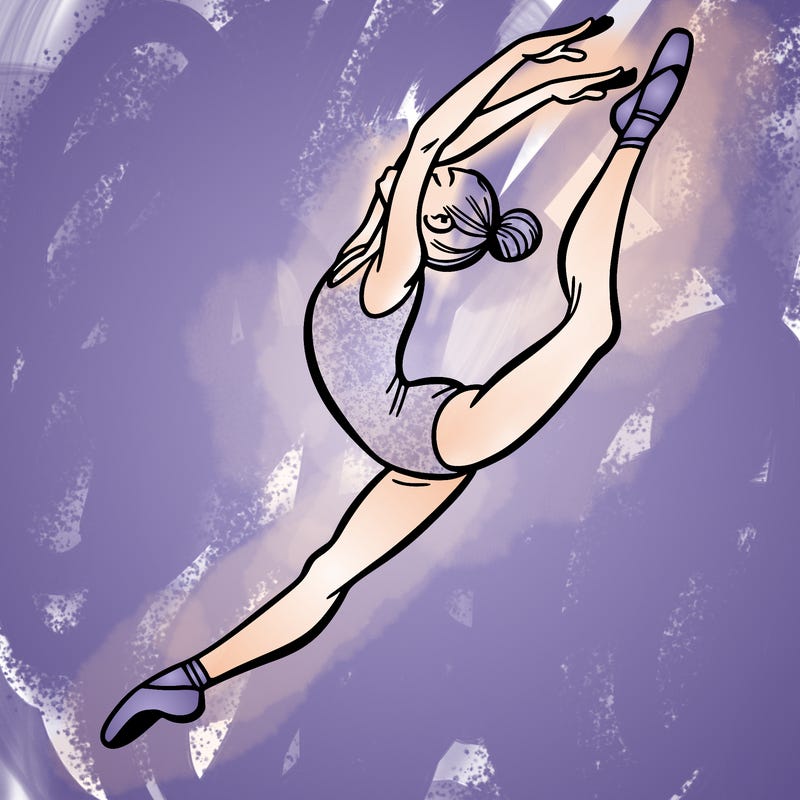 gymnast doing a leap in a leotard with a bent back leg