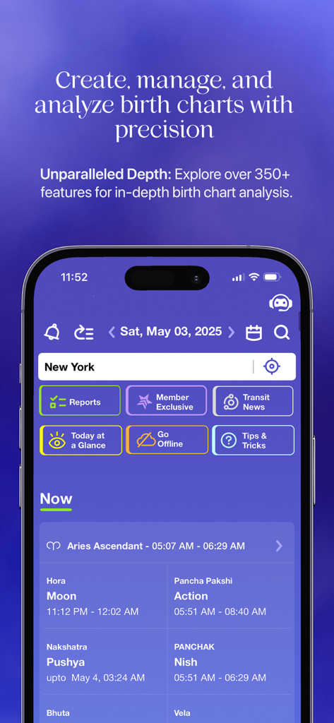 Cosmic Insights Astrology - Cosmic Insights Astrology app interface showing a detailed Vedic birth chart dashboard with planetary data and reports