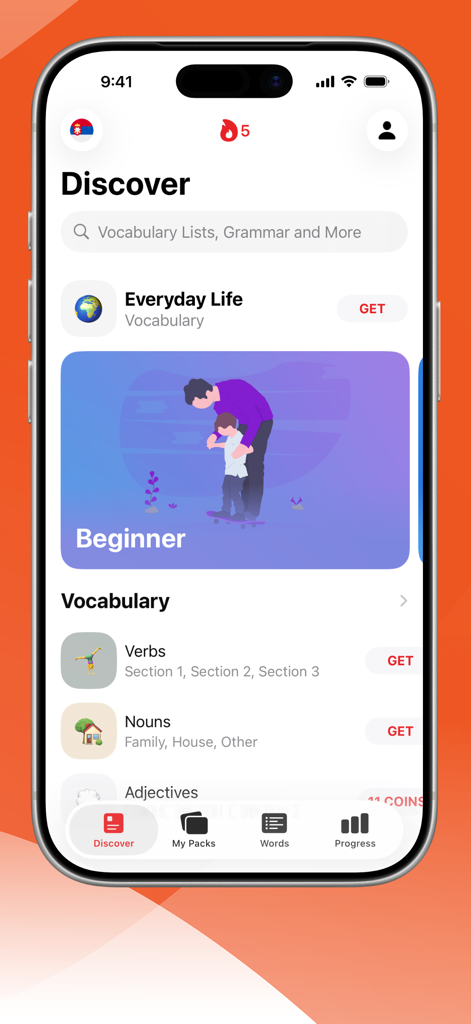 App Impara il serbo con LENGO Schermata Scopri che mostra categorie di vocabolario e lezioni per principianti.