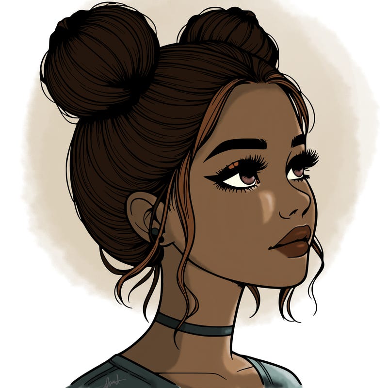 realistic girl with buns on the top of her head