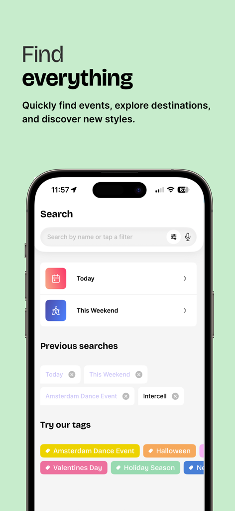 Appic - Festivals & More - Search screen of the Appic app showing options to find events for today this weekend and popular event tags like Amsterdam Dance Event