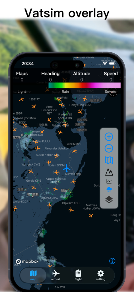 MSFS MAP NG - MSFS MAP NG app showing VATSIM air traffic and weather radar overlay on a mobile device