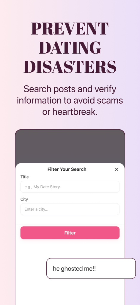Sistr: Vetted Dating - Sistr App-Oberfläche zum Filtern von Community-Posts nach Stadt und Titel zur Vermeidung von Dating-Katastrophen.
