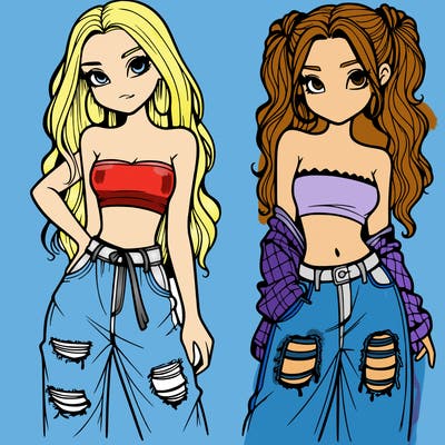 2 girls in crop tops and baggy jeans ripped