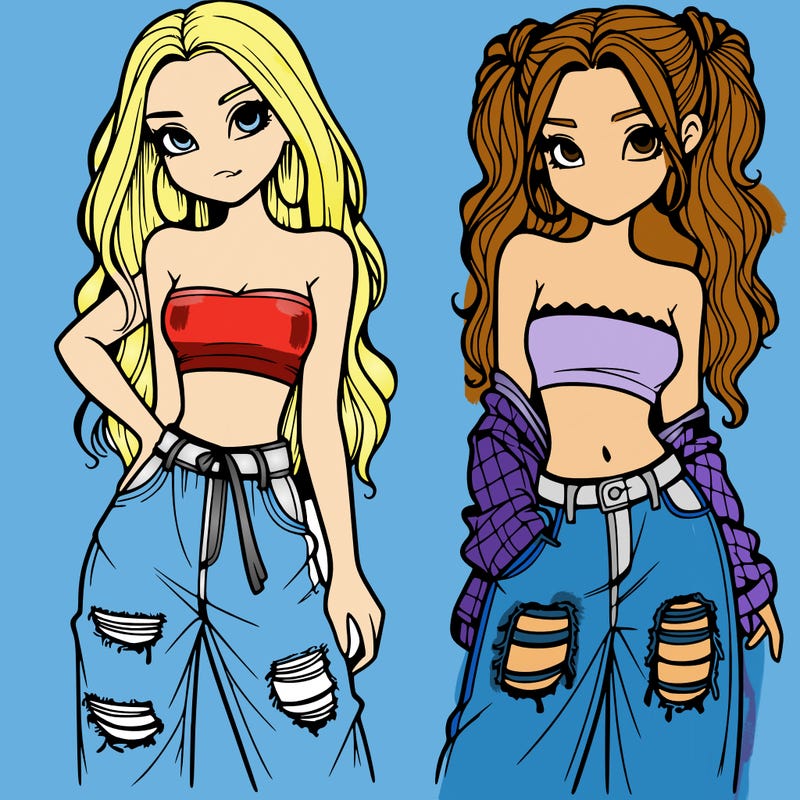 2 girls in crop tops and baggy jeans ripped