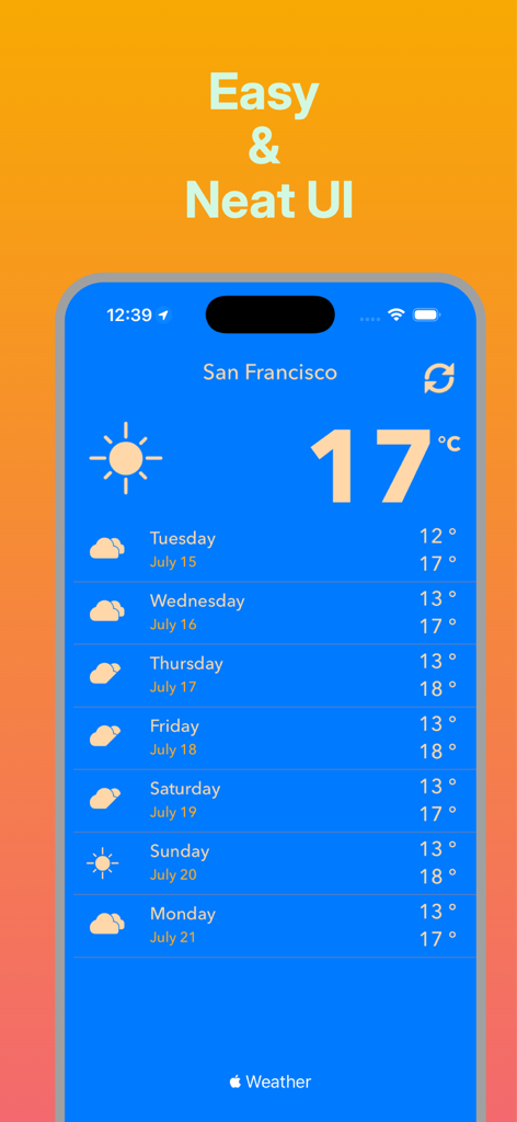 Thunderstorm-Local Weather - Thunderstorm-Local Weather app user interface showing weekly forecast for San Francisco