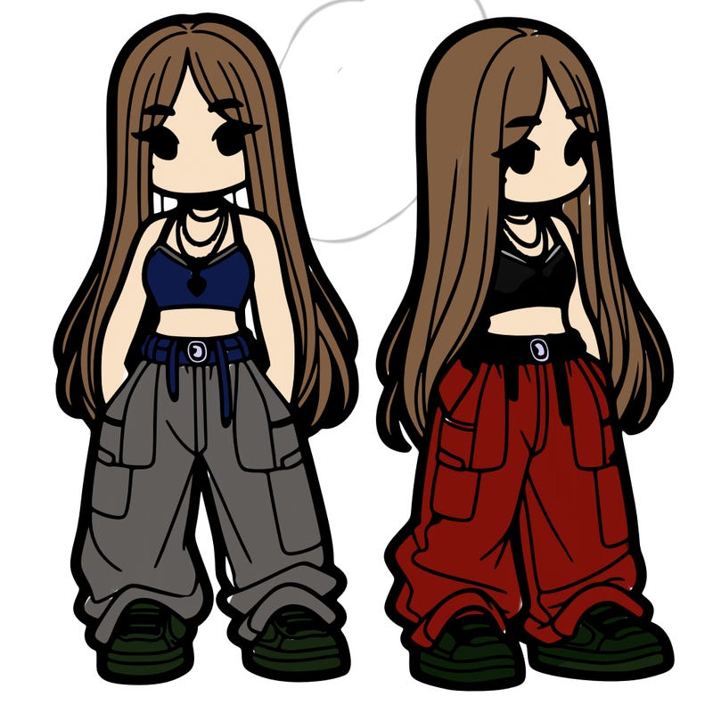 girl in baggy pants crop top and long hair
