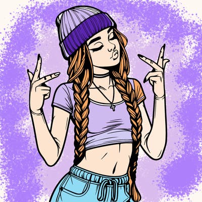 realistic teenage girl with braids and a beanie and crop top doing 🫶🏼