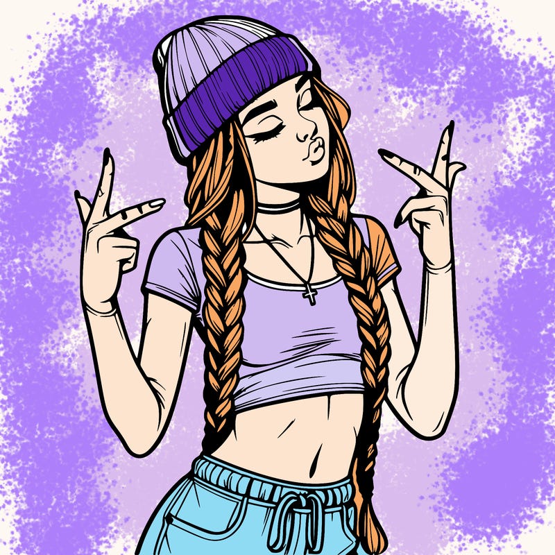 realistic teenage girl with braids and a beanie and crop top doing 🫶🏼