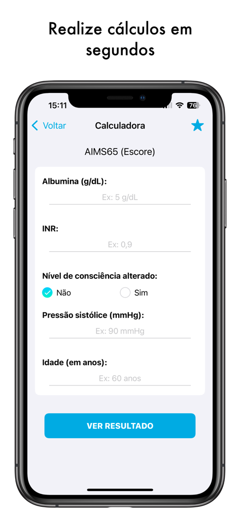 Interface of the Dr Calc app showing the AIMS65 medical score calculator in Portuguese with fields for albumin, INR, consciousness level, blood pressure, and age.