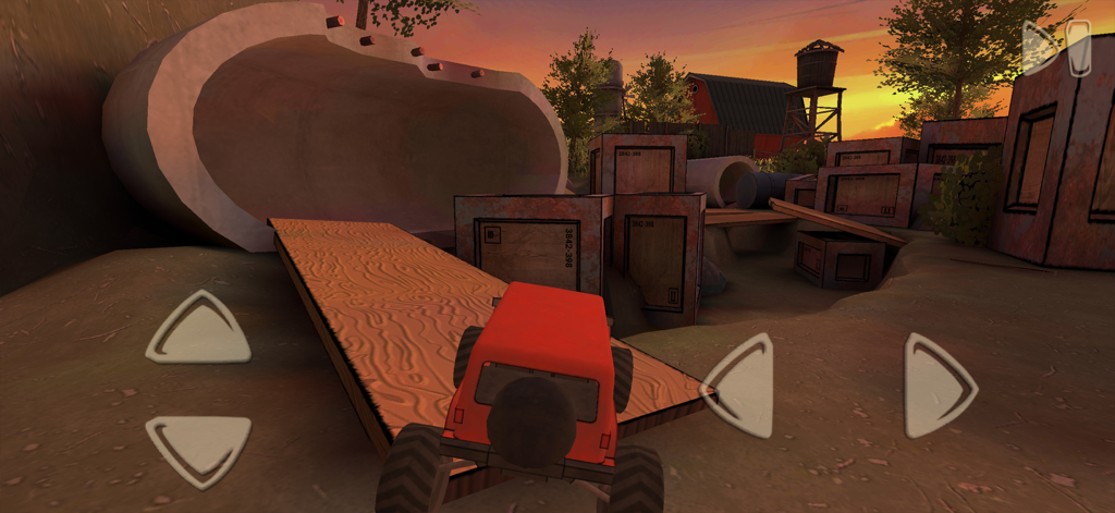 Horror Tale 1: Scary Kidnapper - A red remote controlled car driving through an obstacle course of crates and pipes in a stylized 3D world at sunset.