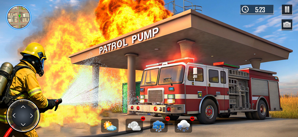 Rescue Run Offroad Snow Heroes - Un bombero rocía agua sobre un gran incendio en una gasolinera junto a un camión de bomberos estacionado en un juego de simulación de rescate de emergencia