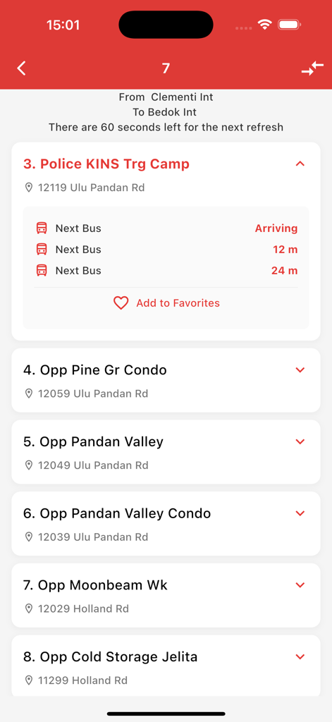 Mobile app interface showing live bus arrival times for a Singapore transit route