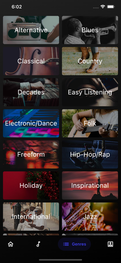 A grid of various music genres available on the Live365 Radio app including Blues, Country, and Jazz.