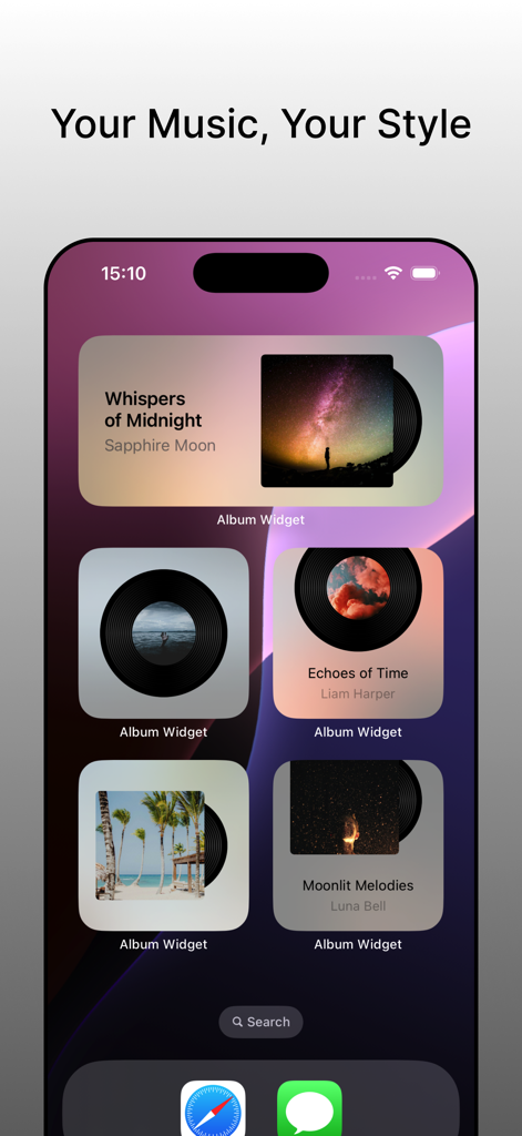 Album Widget - Music as Art - Tela inicial do iPhone mostrando vários widgets de arte de álbuns de música estéticos em vários estilos