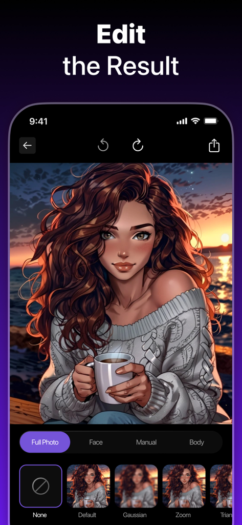 A smartphone showing the AI Image Generator app interface where a user is editing an AI-generated portrait of a woman at sunset with various filter options.