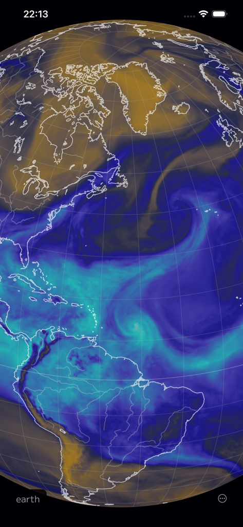 A global weather map visualization showing atmospheric patterns over the Atlantic and Americas in the Nullschool app.