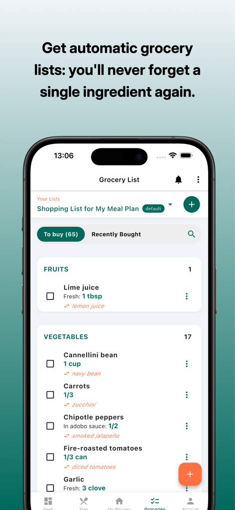 A smartphone screen displaying an automated grocery list organized by food categories in the My Meals app