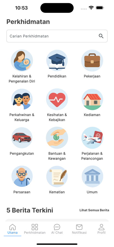 MyGOV Malaysia - MyGOV Malaysia app interface displaying various government service categories such as education, health, and transport with a search bar and bottom navigation menu.