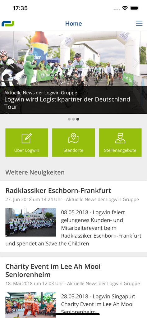 Main dashboard of the Logwin app displaying corporate news and career opportunities