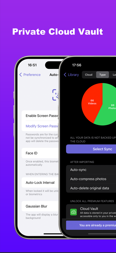 Private Photo Vault - Kakabox - Interface showing private cloud vault sync and security settings