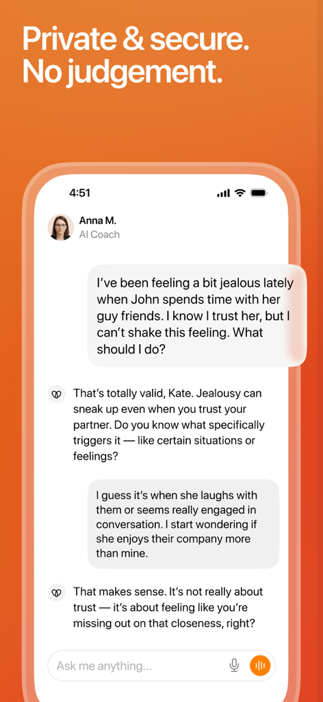 A private chat conversation between a user and an AI coach in the Lovon app discussing personal emotions.