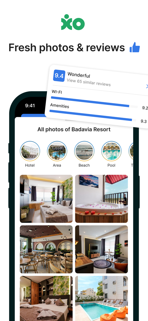 XO Pulse - XO Pulse mobile app interface showing fresh resort photos and high customer ratings