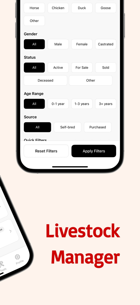 Livestock Manager-Farm Records - Interface showing animal search filters for gender status age range and source in the Livestock Manager app