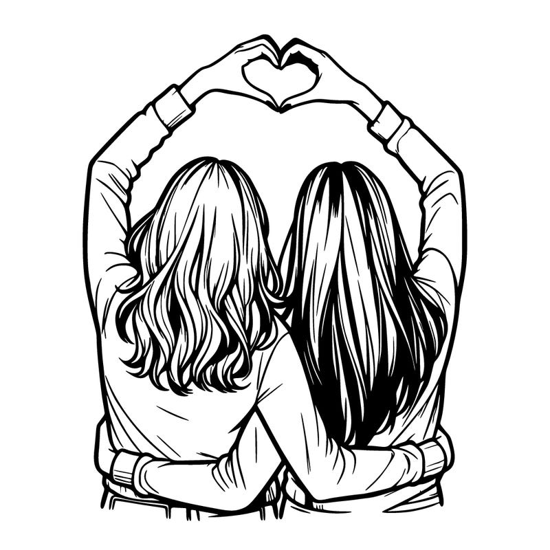 two friends with their backs turned and their hands in a heart realistic
