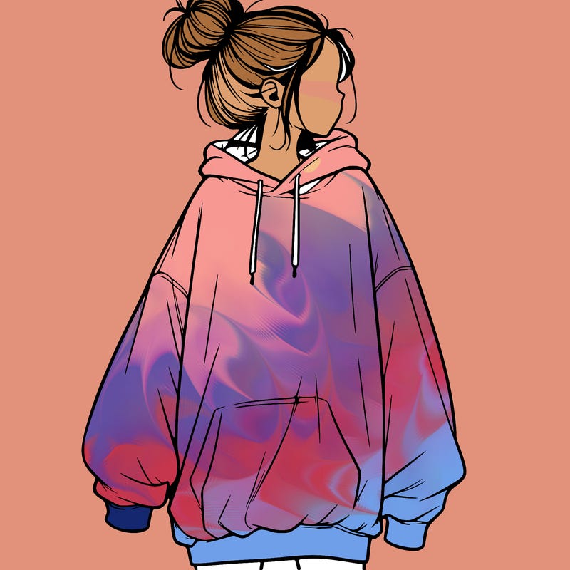 realistic girl with a oversized sweatshirt on and a bun