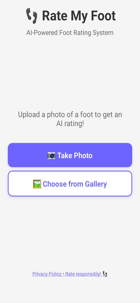 Rate my foot - Main screen of the Rate My Foot app with options to take a photo or choose from gallery for an AI foot rating
