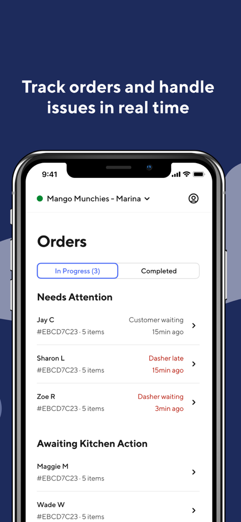 DoorDash - Business Manager - Screenshot of the DoorDash Business Manager app showing live order tracking and real time status updates for restaurant owners