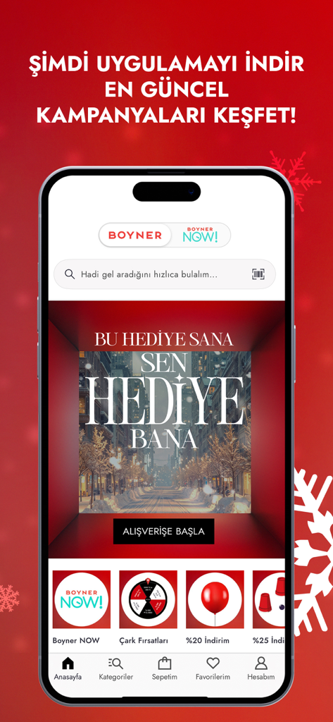 Boyner – Online Shopping - Mobile Bildschirmaufnahme der Boyner-App, die Feiertagsangebote und verschiedene Produktkategorien auf Türkisch zeigt.