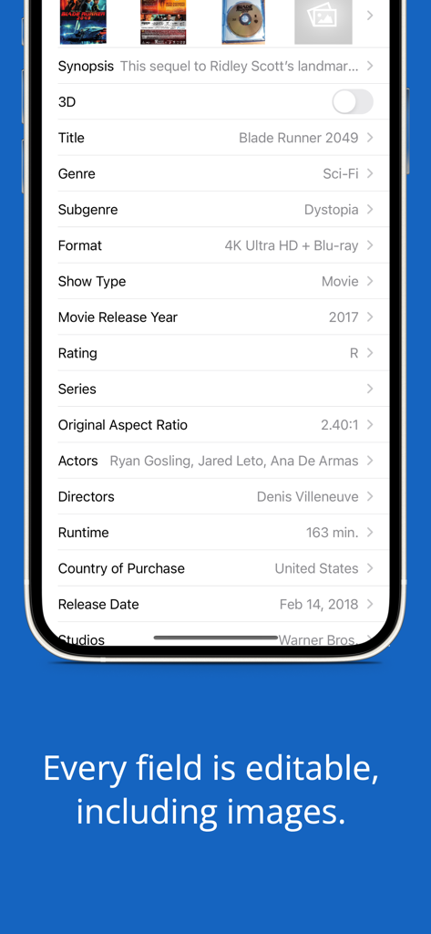 iCollect Movies: DVD Tracker - Vista de detalle de la aplicación iCollect Películas que muestra campos editables para la película Blade Runner 2049.