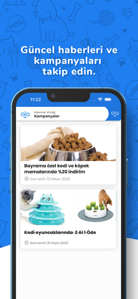 Kolayvet - A mobile screen from the Kolayvet app displaying Turkish pet care campaigns including food discounts and toy offers