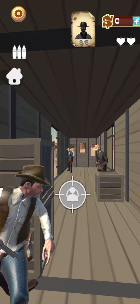 Wild West Cowboy Redemption - Un personaje vaquero apuntando a enemigos con una mira en un escenario de tren del oeste