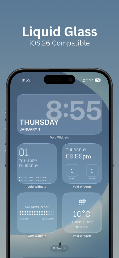 Void Widgets - Retro & Minimal - Tela inicial do iPhone exibindo vários widgets retrô minimalistas, incluindo um grande relógio, calendário e dados climáticos com uma estética de vidro líquido.