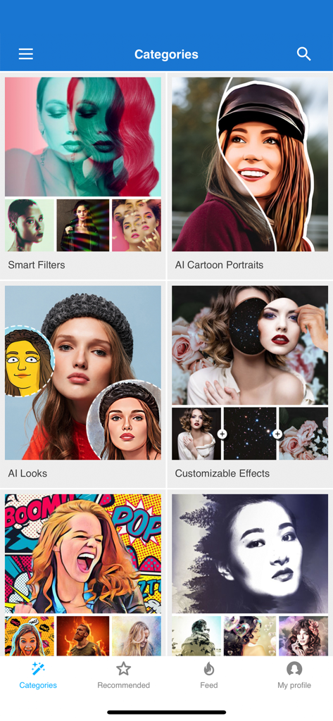 Photo Lab PRO app interface displaying a grid of creative photo editing categories including AI Cartoon Portraits and Smart Filters