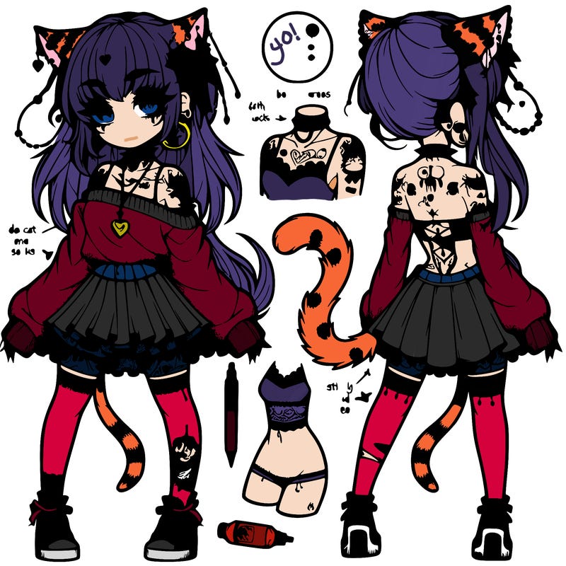 a girl thats part cat and is anime, has tattos is wearing a goth sweater wearing a skirt long socks heels has piercings