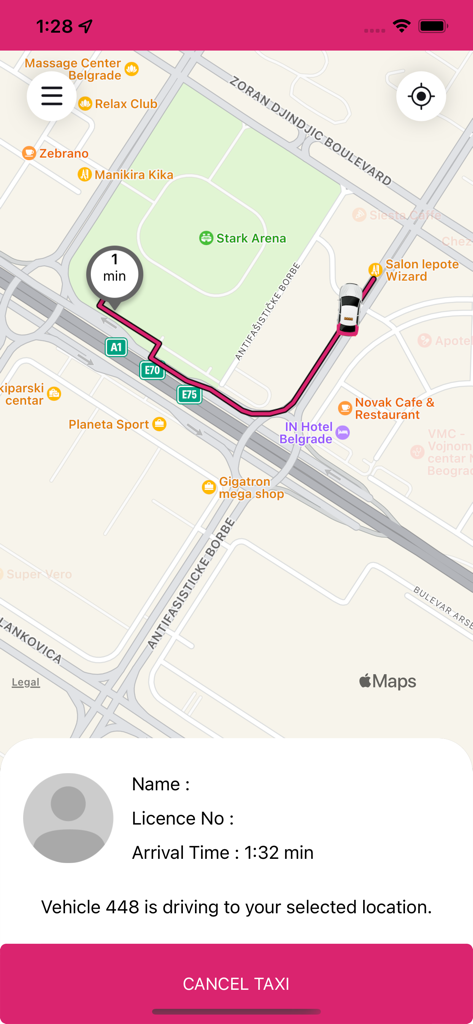 Real time vehicle tracking on a map in the Pink Taxi Beograd app