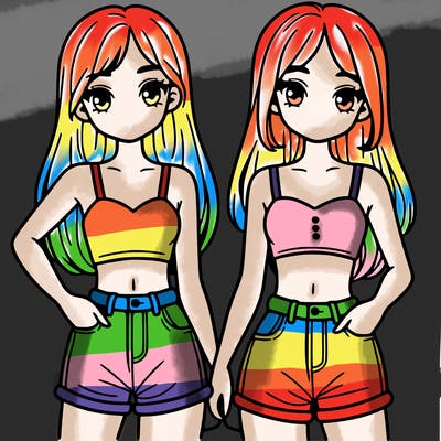two sisters with crop tops and jean shorts and straight hair