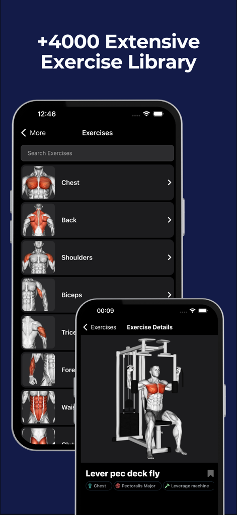 LoadMuscle: AI Workout Planner - LoadMuscle app screens showing a large exercise library with muscle group categories and detailed visual guides for weight lifting